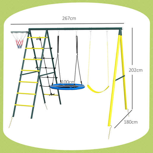 Outsunny Baloiço Infantil 4 em 1 com Baloiço Ninho e Individual Rede de Escalada Cesto de Basquetebol Escada Carga 160 kg para Exterior Parque Infantil para Crianças de 3 a 8 Anos Amarelo