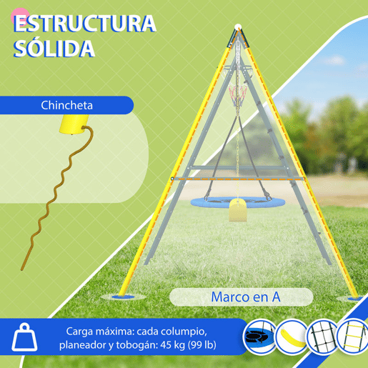Outsunny Baloiço Infantil 4 em 1 com Baloiço Ninho e Individual Rede de Escalada Cesto de Basquetebol Escada Carga 160 kg para Exterior Parque Infantil para Crianças de 3 a 8 Anos Amarelo