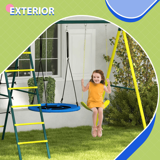 Outsunny Baloiço Infantil 4 em 1 com Baloiço Ninho e Individual Rede de Escalada Cesto de Basquetebol Escada Carga 160 kg para Exterior Parque Infantil para Crianças de 3 a 8 Anos Amarelo