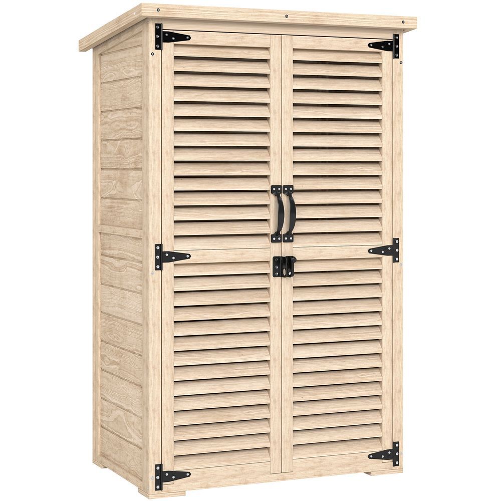 Outsunny caseta de jardín de madera, 75x50x118 cm, cobertizo jardín exterior, armario para almacenaje herramientas, con 2 puertas de persiana 2 estantes y techo impermeable para patio terraza, natural