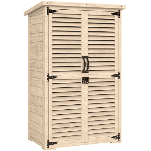 Outsunny Armário Jardim de Madeira 75x50x118 cm Armário de Exterior Armário para Ferramentas com 2 Portas de Persiana 2 Estantes e Telhado Impermeável para Terraço Madeira