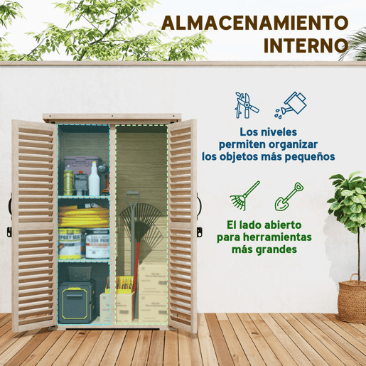 Outsunny Armário Jardim de Madeira 75x50x118 cm Armário de Exterior Armário para Ferramentas com 2 Portas de Persiana 2 Estantes e Telhado Impermeável para Terraço Madeira