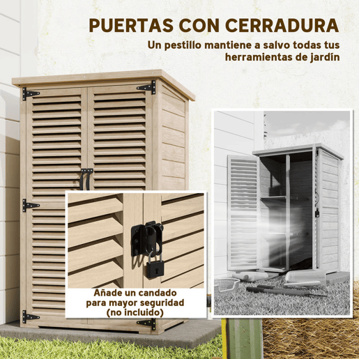 Outsunny Armário Jardim de Madeira 75x50x118 cm Armário de Exterior Armário para Ferramentas com 2 Portas de Persiana 2 Estantes e Telhado Impermeável para Terraço Madeira