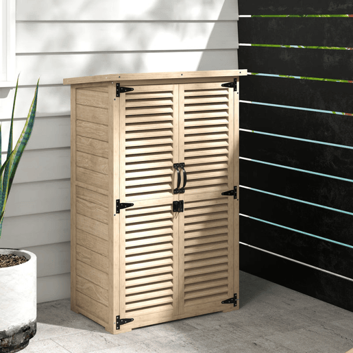 Outsunny Armário Jardim de Madeira 75x50x118 cm Armário de Exterior Armário para Ferramentas com 2 Portas de Persiana 2 Estantes e Telhado Impermeável para Terraço Madeira