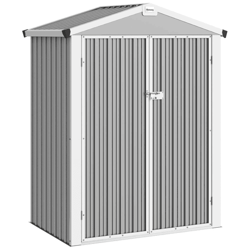 Outsunny Abrigo de Jardim Exterior 1,1 m², 133x87x178 cm, Abrigo Metálico com Portas Duplas de Abrir, Telhado de Duas Águas e Luvas, Armazenamento de Ferramentas e Bicicletas, Cinzento