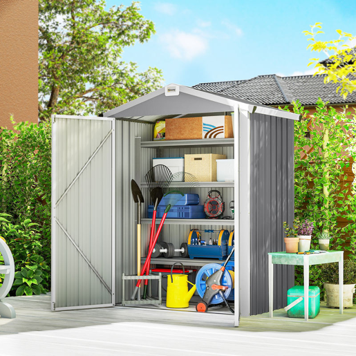 Outsunny Abrigo de Jardim Exterior 1,1 m², 133x87x178 cm, Abrigo Metálico com Portas Duplas de Abrir, Telhado de Duas Águas e Luvas, Armazenamento de Ferramentas e Bicicletas, Cinzento