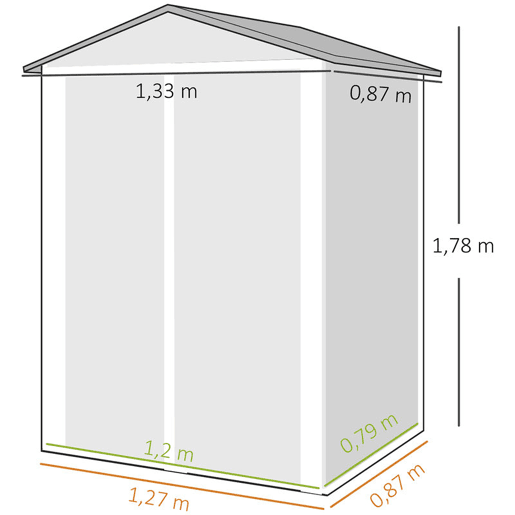 Outsunny Abrigo de Jardim Exterior 1,1 m², 133x87x178 cm, Abrigo Metálico com Portas Duplas de Abrir, Telhado de Duas Águas e Luvas, Armazenamento de Ferramentas e Bicicletas, Cinzento