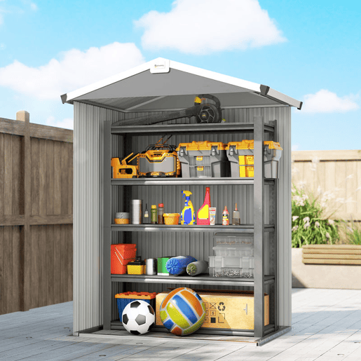 Outsunny Abrigo de Jardim Exterior 1,1 m², 133x87x178 cm, Abrigo Metálico com Portas Duplas de Abrir, Telhado de Duas Águas e Luvas, Armazenamento de Ferramentas e Bicicletas, Cinzento