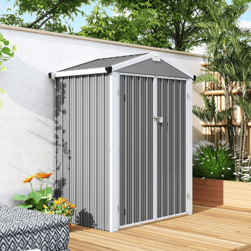 Outsunny Abrigo de Jardim Exterior 1,1 m², 133x87x178 cm, Abrigo Metálico com Portas Duplas de Abrir, Telhado de Duas Águas e Luvas, Armazenamento de Ferramentas e Bicicletas, Cinzento