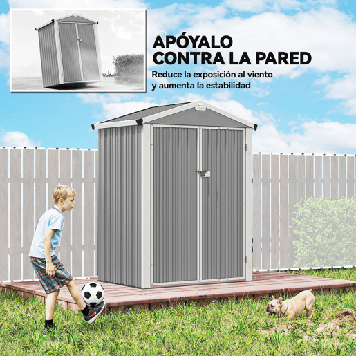 Outsunny Abrigo de Jardim Exterior 1,1 m², 133x87x178 cm, Abrigo Metálico com Portas Duplas de Abrir, Telhado de Duas Águas e Luvas, Armazenamento de Ferramentas e Bicicletas, Cinzento