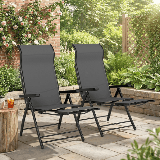 Outsunny Conjunto de 2 Cadeiras Dobráveis Reclináveis Cadeiras de Jardim com Encosto Alto Curvo Ajustável em 5 Posiçõe, Apoio para Pés Retrátil e Estrutura de Metal para Pátio Praia Cinza Escuro