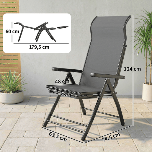 Outsunny Conjunto de 2 Cadeiras Dobráveis Reclináveis Cadeiras de Jardim com Encosto Alto Curvo Ajustável em 5 Posiçõe, Apoio para Pés Retrátil e Estrutura de Metal para Pátio Praia Cinza Escuro