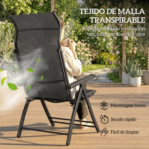 Outsunny Conjunto de 2 Cadeiras Dobráveis Reclináveis Cadeiras de Jardim com Encosto Alto Curvo Ajustável em 5 Posiçõe, Apoio para Pés Retrátil e Estrutura de Metal para Pátio Praia Cinza Escuro