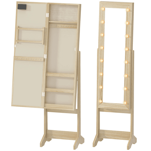 HOMCOM Espelho Joalheiro com Luzes LED Armário para Joias Joalheiro de Pé com Espelho Completo Ângulo Ajustável com Prateleiras Ranuras para Anéis 36x30x136 cm Madeira Natural