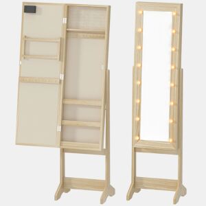 HOMCOM Espelho Joalheiro com Luzes LED Armário para Joias Joalheiro de Pé com Espelho Completo Ângulo Ajustável com Prateleiras Ranuras para Anéis 36x30x136 cm Madeira Natural