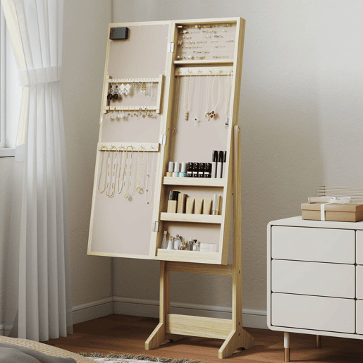 HOMCOM Espelho Joalheiro com Luzes LED Armário para Joias Joalheiro de Pé com Espelho Completo Ângulo Ajustável com Prateleiras Ranuras para Anéis 36x30x136 cm Madeira Natural