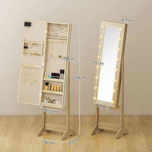 HOMCOM Espelho Joalheiro com Luzes LED Armário para Joias Joalheiro de Pé com Espelho Completo Ângulo Ajustável com Prateleiras Ranuras para Anéis 36x30x136 cm Madeira Natural