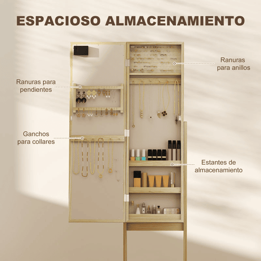 HOMCOM Espelho Joalheiro com Luzes LED Armário para Joias Joalheiro de Pé com Espelho Completo Ângulo Ajustável com Prateleiras Ranuras para Anéis 36x30x136 cm Madeira Natural