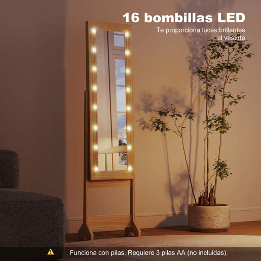 HOMCOM Espelho Joalheiro com Luzes LED Armário para Joias Joalheiro de Pé com Espelho Completo Ângulo Ajustável com Prateleiras Ranuras para Anéis 36x30x136 cm Madeira Natural