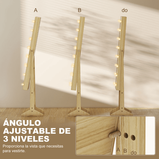 HOMCOM Espelho Joalheiro com Luzes LED Armário para Joias Joalheiro de Pé com Espelho Completo Ângulo Ajustável com Prateleiras Ranuras para Anéis 36x30x136 cm Madeira Natural