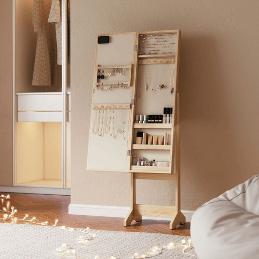 HOMCOM Espelho Joalheiro com Luzes LED Armário para Joias Joalheiro de Pé com Espelho Completo Ângulo Ajustável com Prateleiras Ranuras para Anéis 36x30x136 cm Madeira Natural