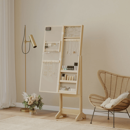 HOMCOM Espelho Joalheiro com Luzes LED Armário para Joias Joalheiro de Pé com Espelho Completo Ângulo Ajustável com Prateleiras Ranuras para Anéis 36x30x136 cm Madeira Natural