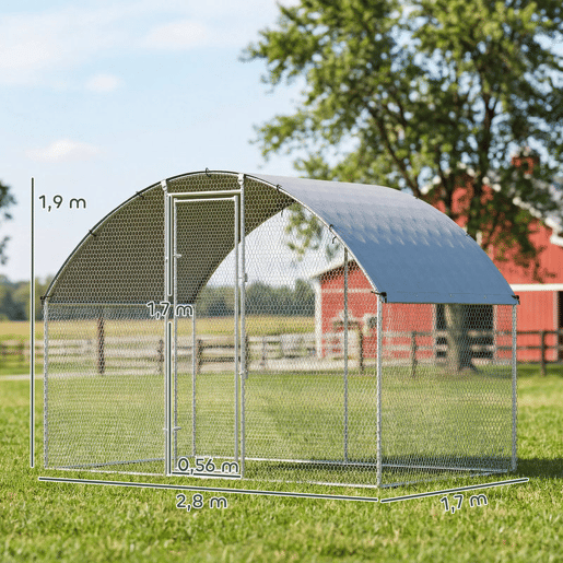 PawHut Galinheiro para Exterior 2,8x1,7x1,9 m 4,7 m² Galinheiro de Aço Galvanizado com Cobertura em Tecido Oxford Anti-UV e Impermeável Porta e Fechos Gaiola para 5-8 Galinhas Prata