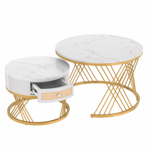 Mesa de centro 2 em 1 70x70+50x50 cm - MDF, tampo em mármore, gavetas em rattan plástico, puxadores em madeira, pernas em ferro dourado - Branco