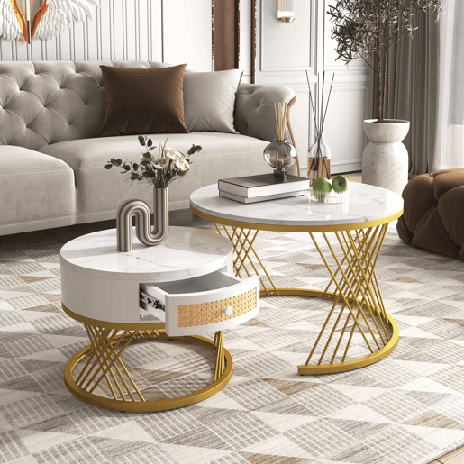 Mesa de centro 2 em 1 70x70+50x50 cm - MDF, tampo em mármore, gavetas em rattan plástico, puxadores em madeira, pernas em ferro dourado - Branco