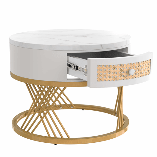 Mesa de centro 2 em 1 70x70+50x50 cm - MDF, tampo em mármore, gavetas em rattan plástico, puxadores em madeira, pernas em ferro dourado - Branco