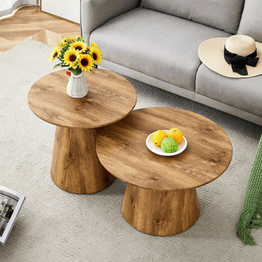 Conjunto de mesas de centro redondas 50x48 cm + 60x35 cm - MDF com acabamento em madeira natural, design empilhável, base estável para sala de estar ou lounge - Cor madeira