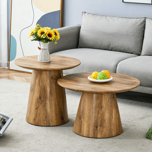 Conjunto de mesas de centro redondas 50x48 cm + 60x35 cm - MDF com acabamento em madeira natural, design empilhável, base estável para sala de estar ou lounge - Cor madeira