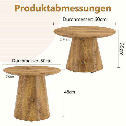 Conjunto de mesas de centro redondas 50x48 cm + 60x35 cm - MDF com acabamento em madeira natural, design empilhável, base estável para sala de estar ou lounge - Cor madeira