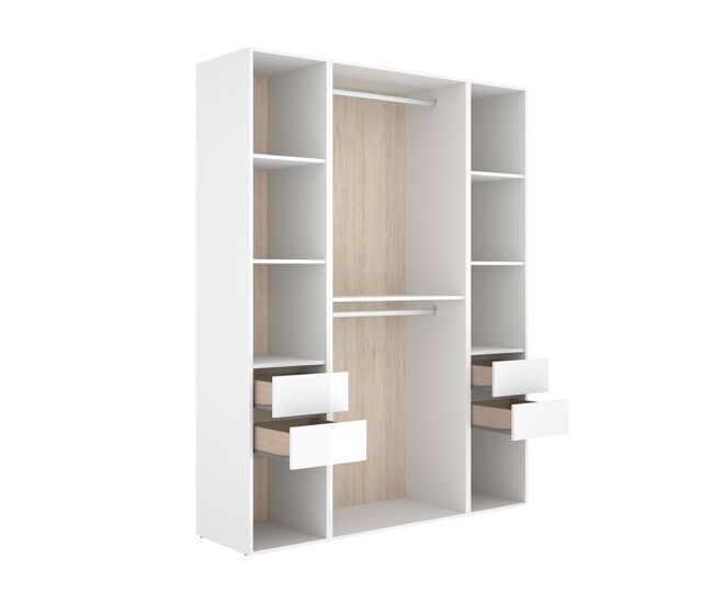 Armario vestidor suit 4 cajones con 2 barras y compartimentos blanco/natural 205x159x45 cm
