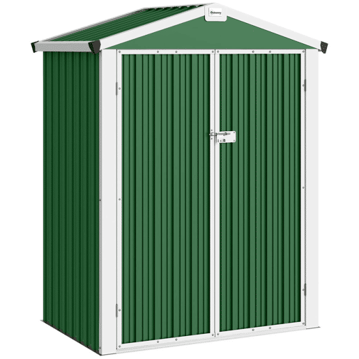 Outsunny Abrigo de Jardim Exterior 1,1 m², 133x87x178 cm, Cobertura Metálica com Portas Duplas de Abrir, Telhado de Duas Águas e Luvas, Armazenamento de Ferramentas e Bicicletas, Verde