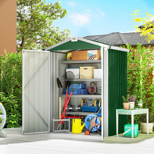 Outsunny Abrigo de Jardim Exterior 1,1 m², 133x87x178 cm, Cobertura Metálica com Portas Duplas de Abrir, Telhado de Duas Águas e Luvas, Armazenamento de Ferramentas e Bicicletas, Verde
