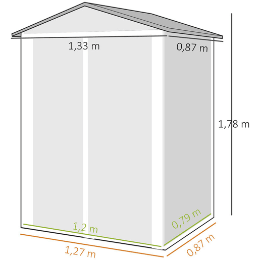 Outsunny Abrigo de Jardim Exterior 1,1 m², 133x87x178 cm, Cobertura Metálica com Portas Duplas de Abrir, Telhado de Duas Águas e Luvas, Armazenamento de Ferramentas e Bicicletas, Verde