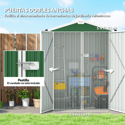Outsunny Abrigo de Jardim Exterior 1,1 m², 133x87x178 cm, Cobertura Metálica com Portas Duplas de Abrir, Telhado de Duas Águas e Luvas, Armazenamento de Ferramentas e Bicicletas, Verde