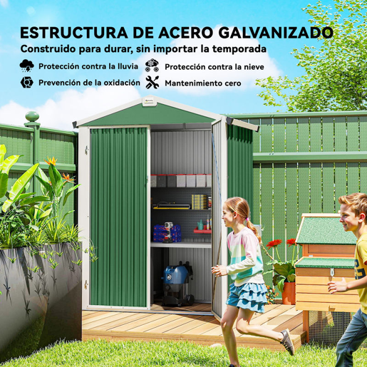 Outsunny Abrigo de Jardim Exterior 1,1 m², 133x87x178 cm, Cobertura Metálica com Portas Duplas de Abrir, Telhado de Duas Águas e Luvas, Armazenamento de Ferramentas e Bicicletas, Verde
