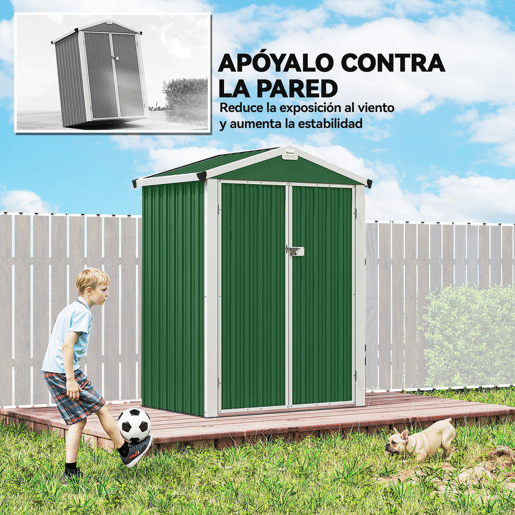 Outsunny Abrigo de Jardim Exterior 1,1 m², 133x87x178 cm, Cobertura Metálica com Portas Duplas de Abrir, Telhado de Duas Águas e Luvas, Armazenamento de Ferramentas e Bicicletas, Verde