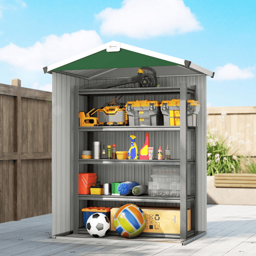 Outsunny Abrigo de Jardim Exterior 1,1 m², 133x87x178 cm, Cobertura Metálica com Portas Duplas de Abrir, Telhado de Duas Águas e Luvas, Armazenamento de Ferramentas e Bicicletas, Verde