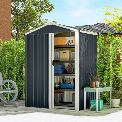 Outsunny Casa de Jardim Exterior 1,1 m², 136x87x179 cm, Abrigo de Jardim Metálico com Porta de Correr, Telhado Inclinado e Luvas, para Armazenamento de Ferramentas, Cinzento Escuro
