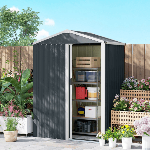 Outsunny Casa de Jardim Exterior 1,1 m², 136x87x179 cm, Abrigo de Jardim Metálico com Porta de Correr, Telhado Inclinado e Luvas, para Armazenamento de Ferramentas, Cinzento Escuro