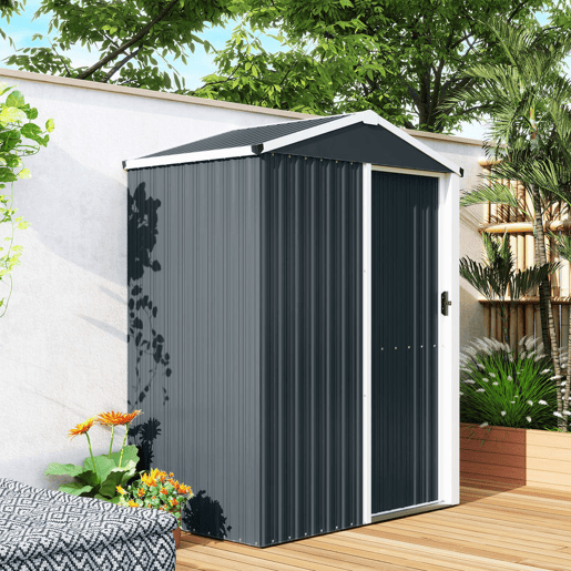 Outsunny Casa de Jardim Exterior 1,1 m², 136x87x179 cm, Abrigo de Jardim Metálico com Porta de Correr, Telhado Inclinado e Luvas, para Armazenamento de Ferramentas, Cinzento Escuro