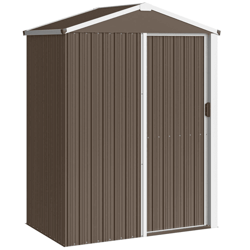 Outsunny Casota de Jardim Exterior 1,1 m², 136x87x179 cm, Abrigo de Jardim Metálico com Porta de Correr, Telhado Inclinado e Luvas, para Armazenamento de Ferramentas, Castanho