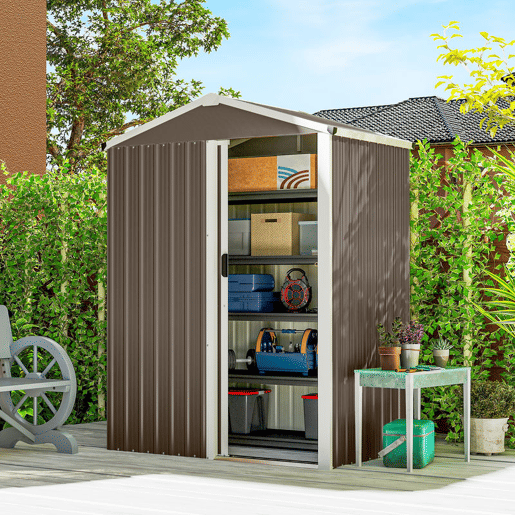 Outsunny Casota de Jardim Exterior 1,1 m², 136x87x179 cm, Abrigo de Jardim Metálico com Porta de Correr, Telhado Inclinado e Luvas, para Armazenamento de Ferramentas, Castanho