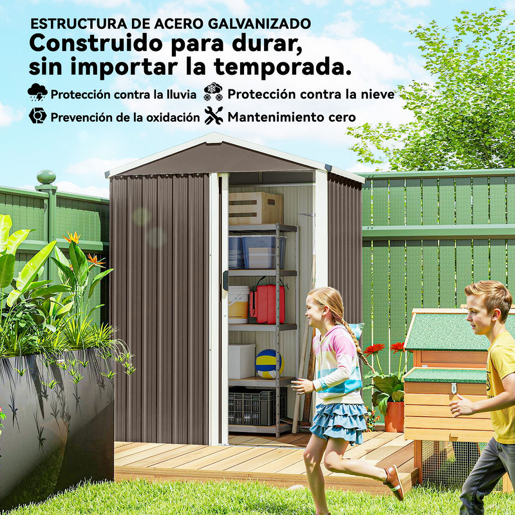 Outsunny Casota de Jardim Exterior 1,1 m², 136x87x179 cm, Abrigo de Jardim Metálico com Porta de Correr, Telhado Inclinado e Luvas, para Armazenamento de Ferramentas, Castanho