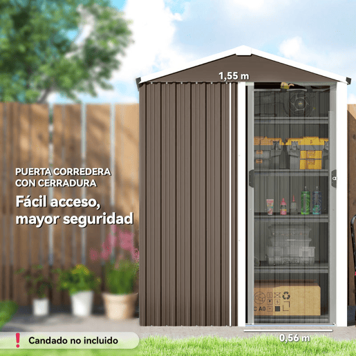 Outsunny Casota de Jardim Exterior 1,1 m², 136x87x179 cm, Abrigo de Jardim Metálico com Porta de Correr, Telhado Inclinado e Luvas, para Armazenamento de Ferramentas, Castanho