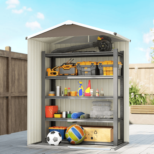 Outsunny Casota de Jardim Exterior 1,1 m², 136x87x179 cm, Abrigo de Jardim Metálico com Porta de Correr, Telhado Inclinado e Luvas, para Armazenamento de Ferramentas, Castanho