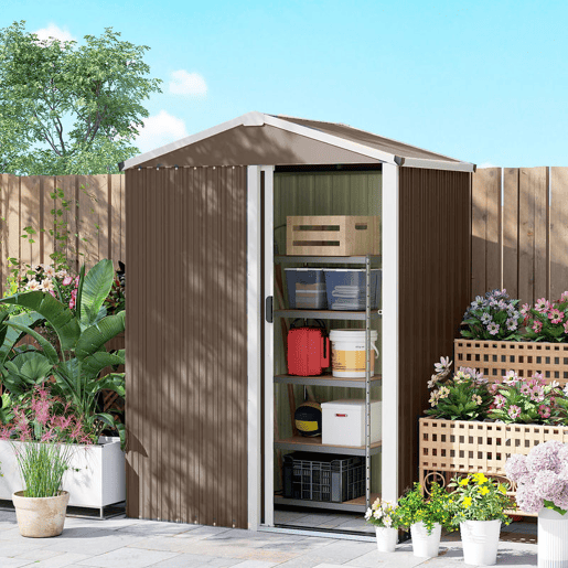 Outsunny Casota de Jardim Exterior 1,1 m², 136x87x179 cm, Abrigo de Jardim Metálico com Porta de Correr, Telhado Inclinado e Luvas, para Armazenamento de Ferramentas, Castanho
